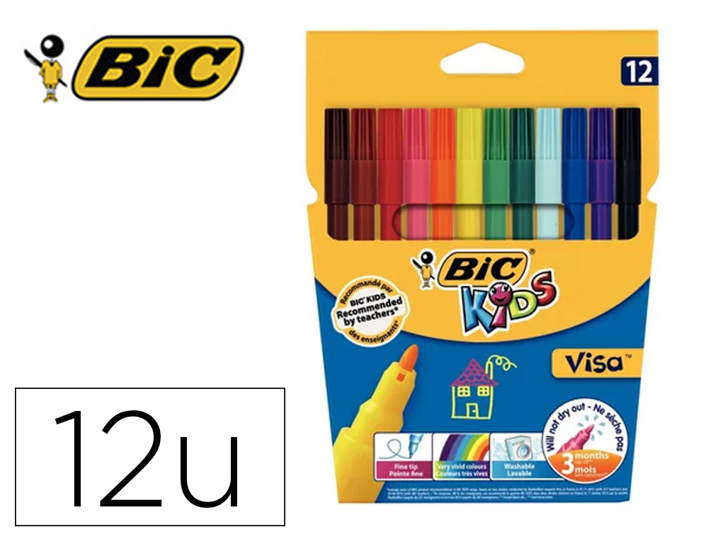 Feutres Bic Kids Visa - Pochette de 12 feutres pointe fine coloris vifs assortis pour loisirs créatifs et dessin