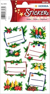 Autocollants de Noël HERMA 3893 - Lot de 16 Étiquettes Permanentes en Papier Pailleté Multicolore pour Décoration et Bricolage