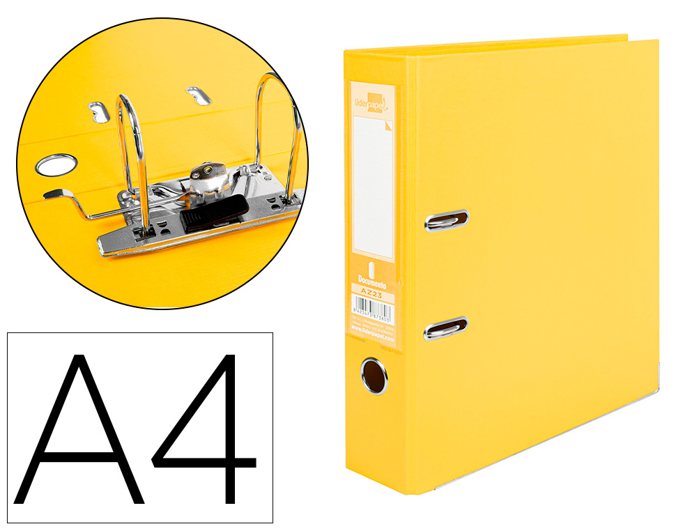 Classeur levier Liderpapel A4 documenta carton rembordé 1,9 mm dos 75 mm coloris jaune pour bureau et organisation