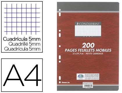 Copies simples Conquerant A4 quadrillé 5x5 petits carreaux perforées - 200 feuilles pour école et bureau