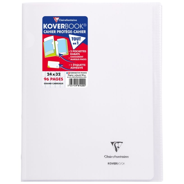 Cahier Clairefontaine Koverbook - Polypro 24 x 32 cm - 96 pages grands carreaux Seyes - Transparent pour école et bureau