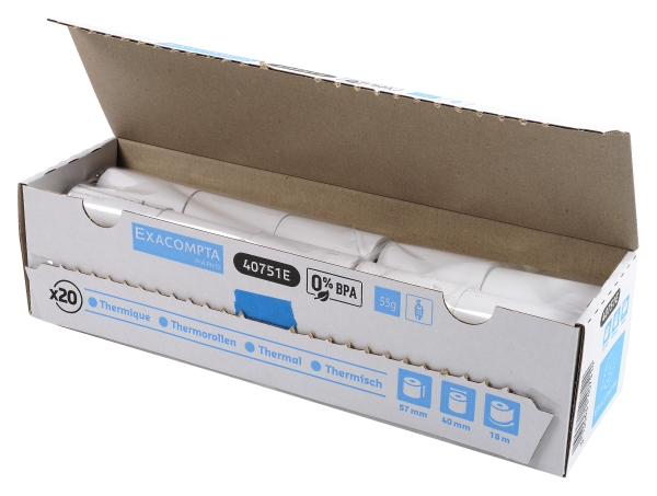Bobines thermiques Exacompta 57x40x12 mm - Papier sans BPA 18 m pour caisses enregistreuses et terminaux CB
