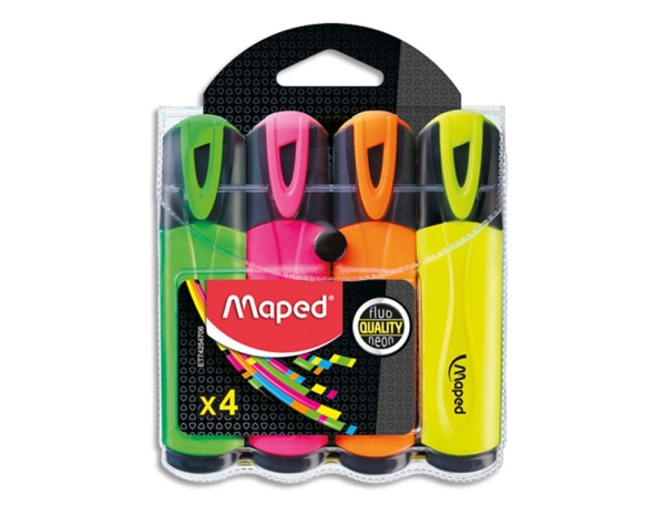 Surligneurs Maped Fluo Peps Classic - Pack de 4 couleurs assorties - Fluorescents pour bureau et école