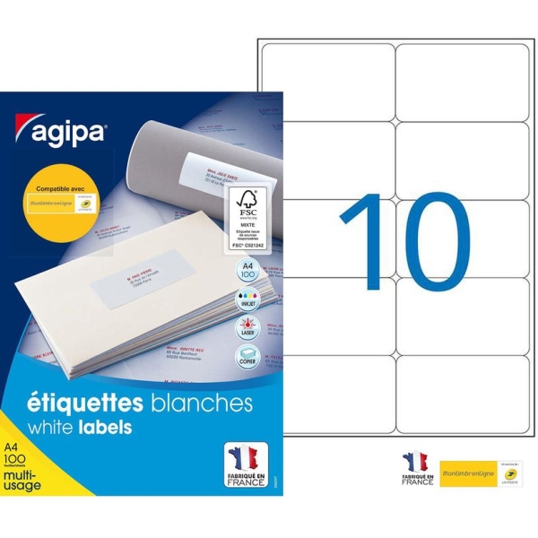 Étiquettes adhésives blanches multi-usages Apli Agipa - 99,1 x 57 mm - 1000 pièces - coins arrondis pour bureau et organisation