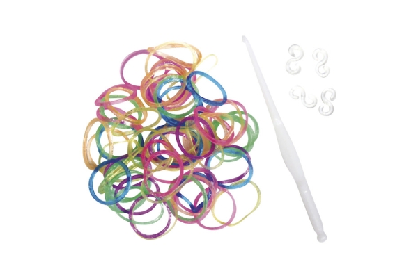 Kit de loisirs créatifs Fashion Loom Bandz - 200 anneaux paillettes, 25 fermoirs, 1 crochet pour activités manuelles enfants