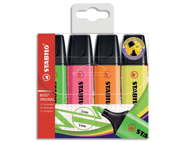 Surligneur Stabilo BOSS ORIGINAL - Étui de 4 couleurs fluo - Jaune, orange, vert, rose pour bureau et école