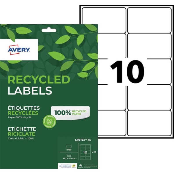 Étiquette d'adresse recyclée Avery - 99,1 x 57 mm - 150 pièces - Compatible impression laser et jet d'encre pour bureau et correspondance