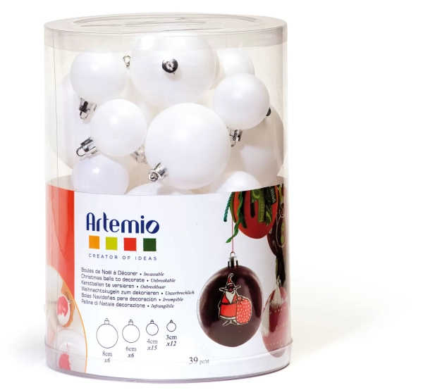 Boules de Noël Artemio - Plastique Blanc 3 à 8 cm 39 Pièces pour Décoration Sapin