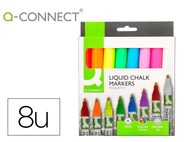 Marqueur Q-Connect craie liquide pointe ronde 3 mm coloris assortis boîte 8 unités pour tableau noir et surfaces non poreuses