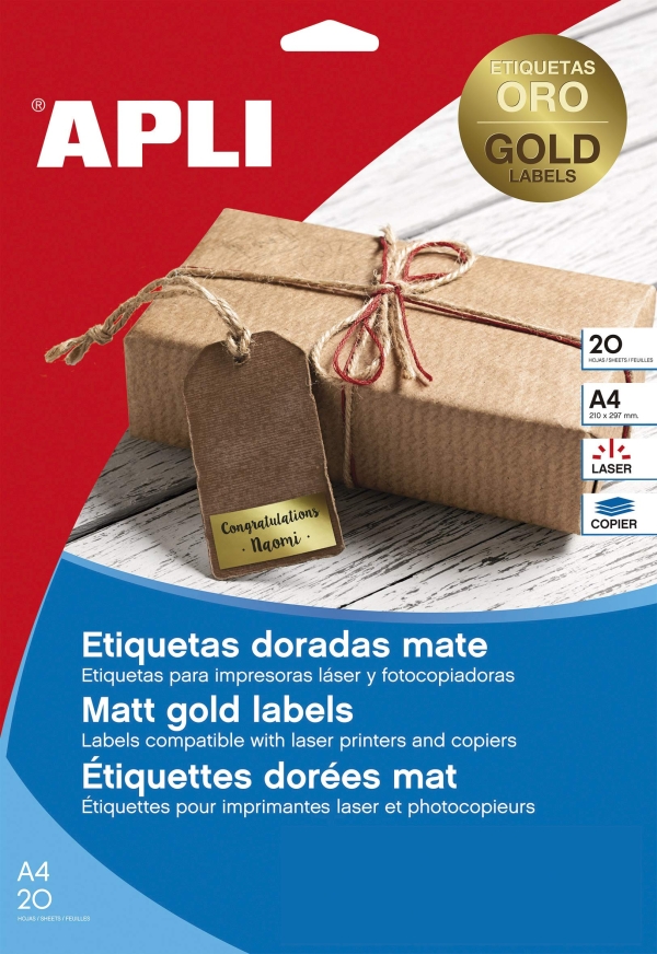 Étiquette adhésive APLI 210 x 297 mm or - 20 feuilles métallisé pour bureau et organisation