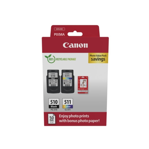 Cartouches d'encre Canon PG-510 et CL-511 - Pack 2 cartouches noir et couleur cyan magenta jaune pour imprimantes Canon