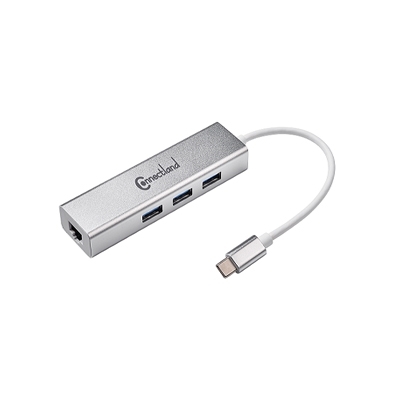 Adaptateur USB Type C Connectland - RJ45 Gigabit + 3 Ports USB 3.0, Aluminium, pour Ordinateur