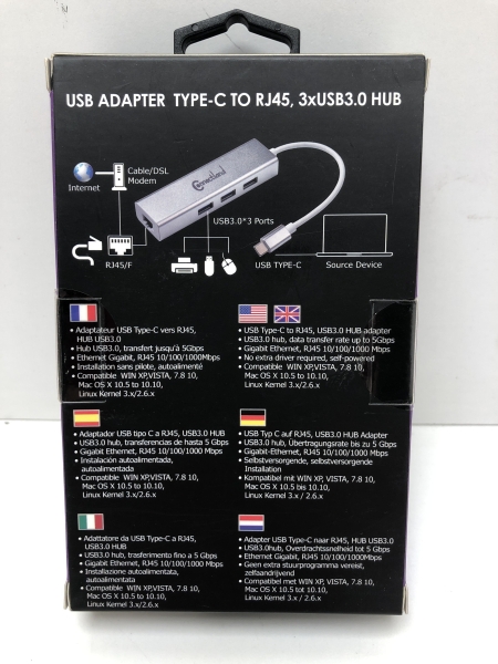 Adaptateur USB Type C Connectland - RJ45 Gigabit + 3 Ports USB 3.0, Aluminium, pour Ordinateur