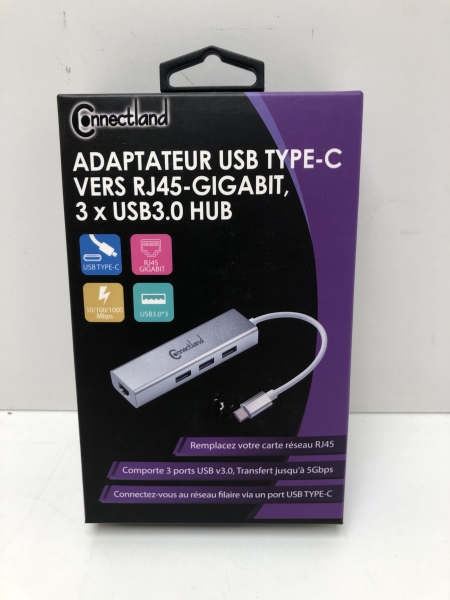 Adaptateur USB Type C Connectland - RJ45 Gigabit + 3 Ports USB 3.0, Aluminium, pour Ordinateur