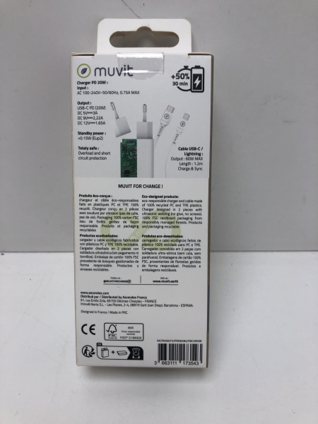 Muvit Chargeur secteur 20W + Câble Lightning BLANC