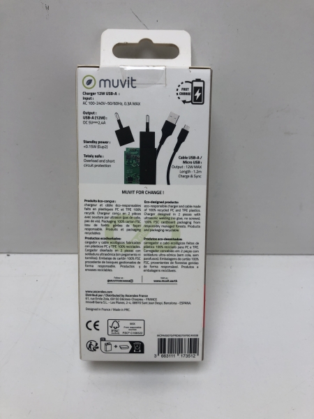 Muvit For Change Pac Chargeur Secteur 12W + Câble Micro-USB NOIR
