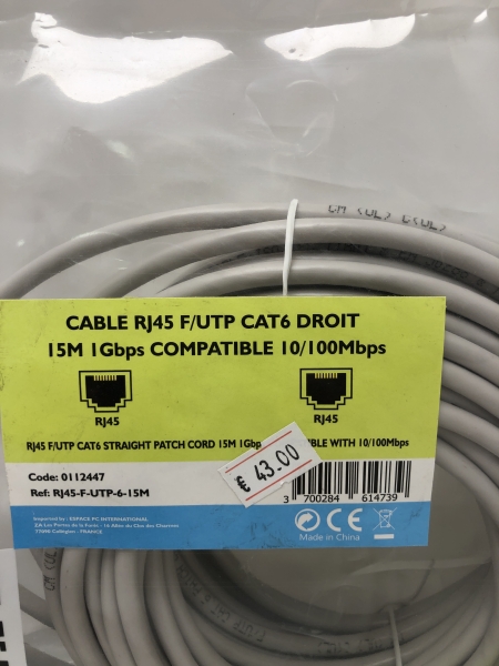  Câble RJ45 Droit F/UTP Cat6 Blinde 15 M
