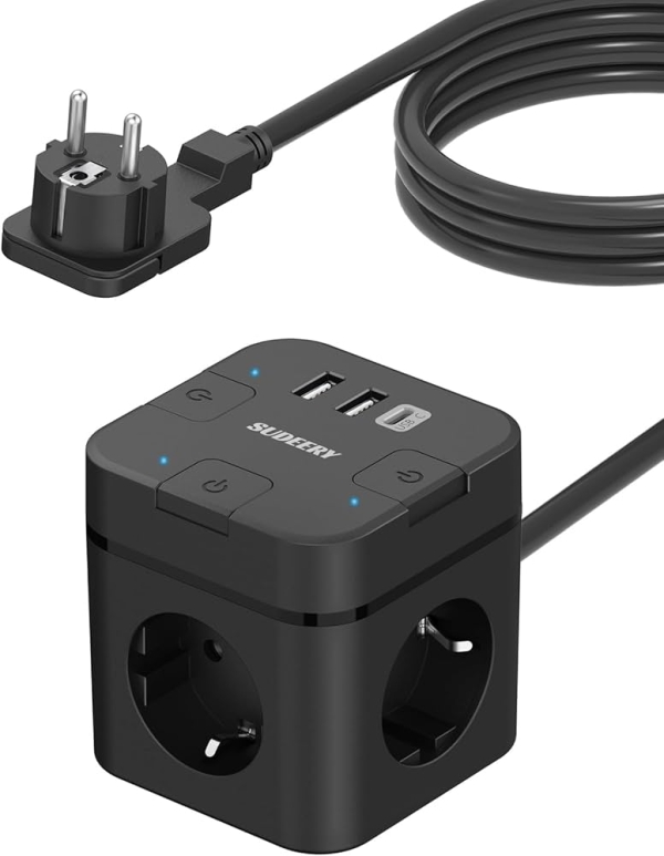 Multiprise cube SUDEERY ECS-EU003-G - 3 prises AC + 3 ports USB, Protection surcharge, Design compact