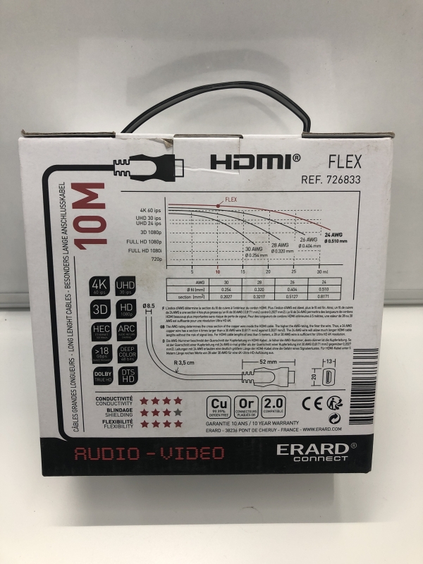 Câble HDMI 4K ERARD - 10 M - Gaine souple Ultra Flexible Connecteurs OR - Pour TV et Moniteur