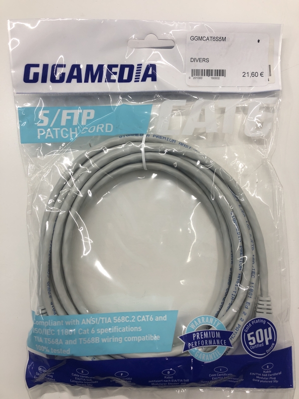 Câble RJ45 Gigamedia - 5 mètres - Cat.6 - Gris pour connexion internet et réseau local