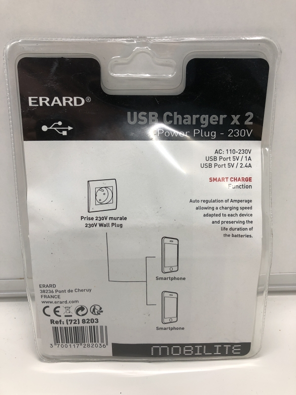 Chargeur USB ERARD - 2xUSB Secteur 230V 5V/2.4A Blanc - Adapté pour appareils mobiles