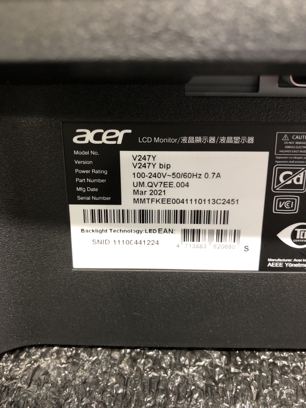 Écran ACER V247Ybip - 23.8 pouces TFT IPS 1920x1080 75Hz HDMI VGA DisplayPort pour bureau