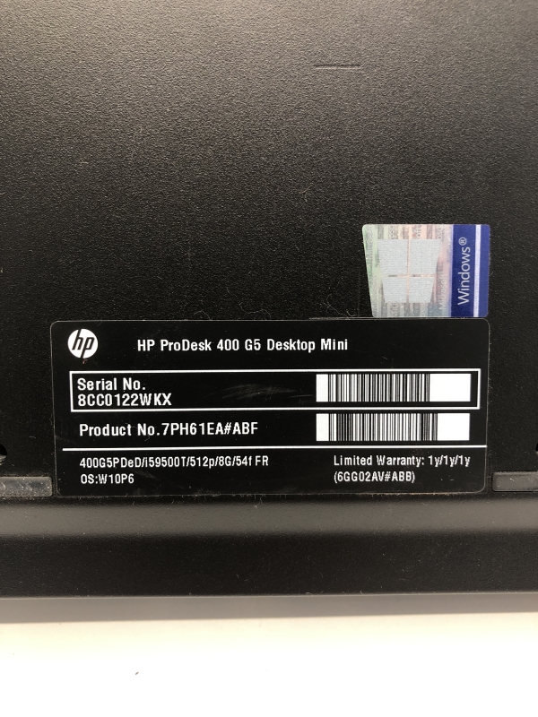 PC Fixe HP Prodesk 400 G5 Desktop Mini Intel Core i5 - 8 Go Ram - SSD 480 Go - + Alimentation